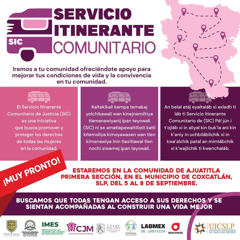 DocumentaAC's tweet photo. Acompaña a nuestro #LABMEXdeJusticia en esta iniciativa que busca promover los derechos de las mujeres en comunidades de San Luis Potosí.
¡Te esperamos del 5 al 8 de septiembre!✨
Aquí todos los detalles 👇 https://t.co/ymByfexx2p