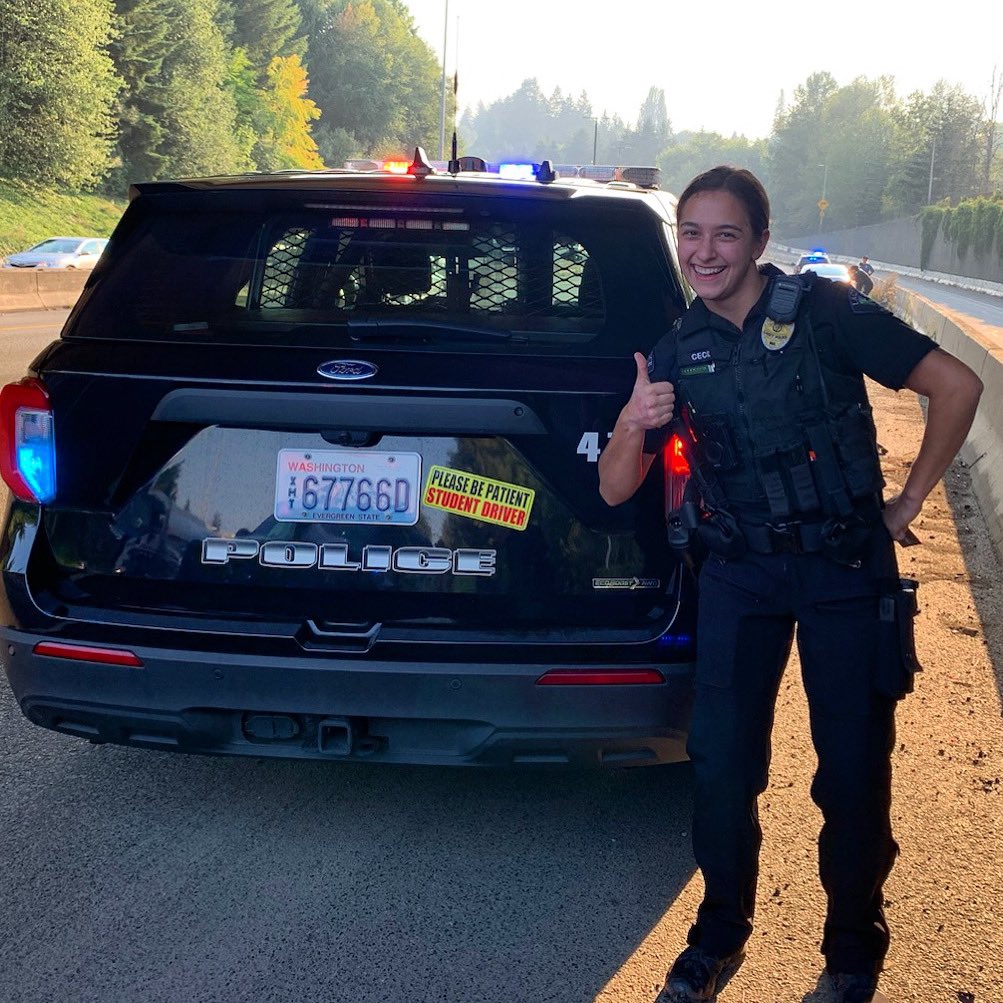 LaceyPolice's tweet photo. @LaceyFireDist3 thinks they are sooooo funny putting a #StudentDriver sticker on Officer Cecilโs patrol car while sheโs in #FieldTraining! ๐ okay, weโll admit itโฆ we laughed ๐๐ #OfficerInTraining #LFDHasJokes #LaceyUnited #LaceyPD https://t.co/tTxv3V9VdG