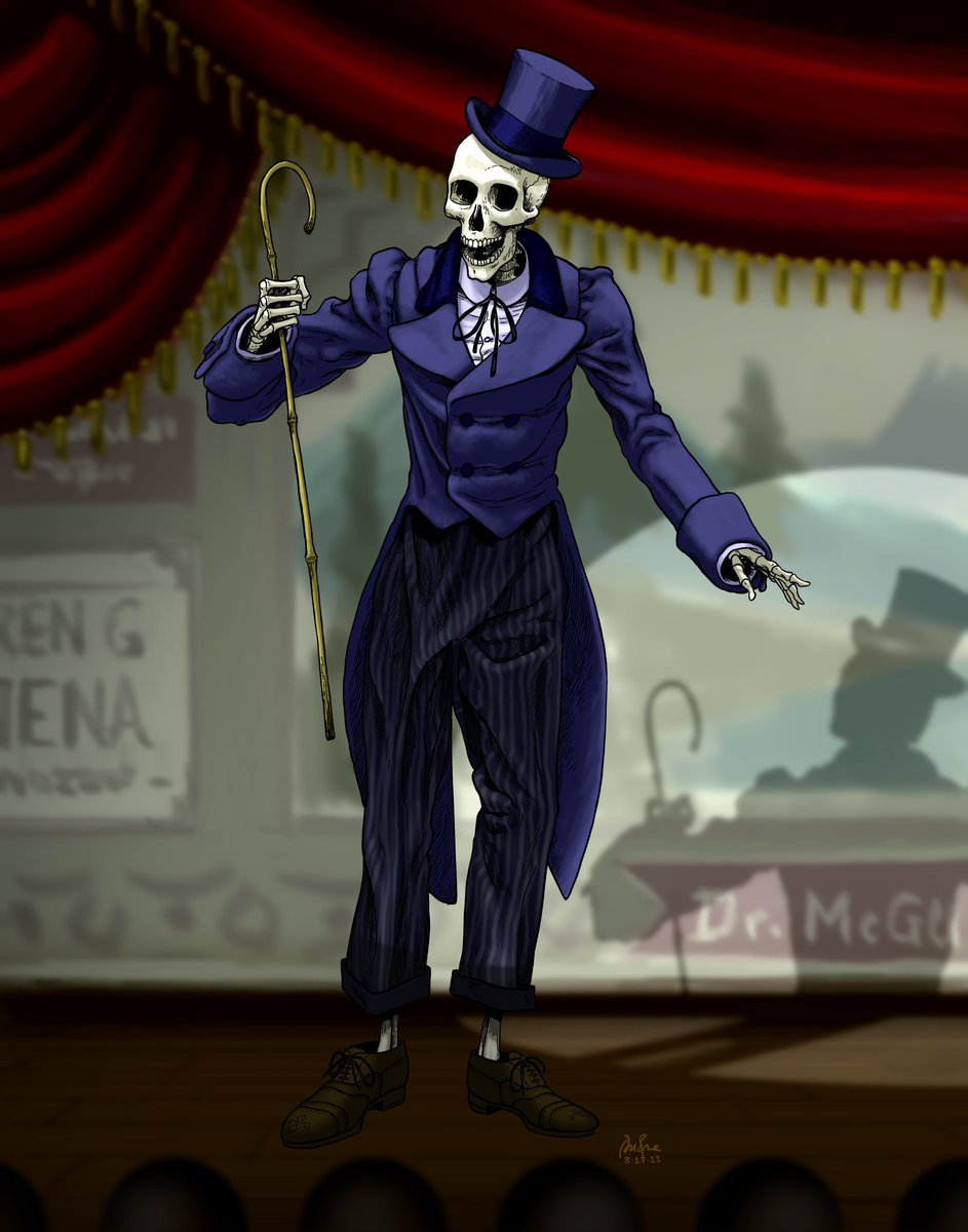 A friend commissioned me to illustrate a skeleton performing on a vaudeville stage, and boy was it fun to do!