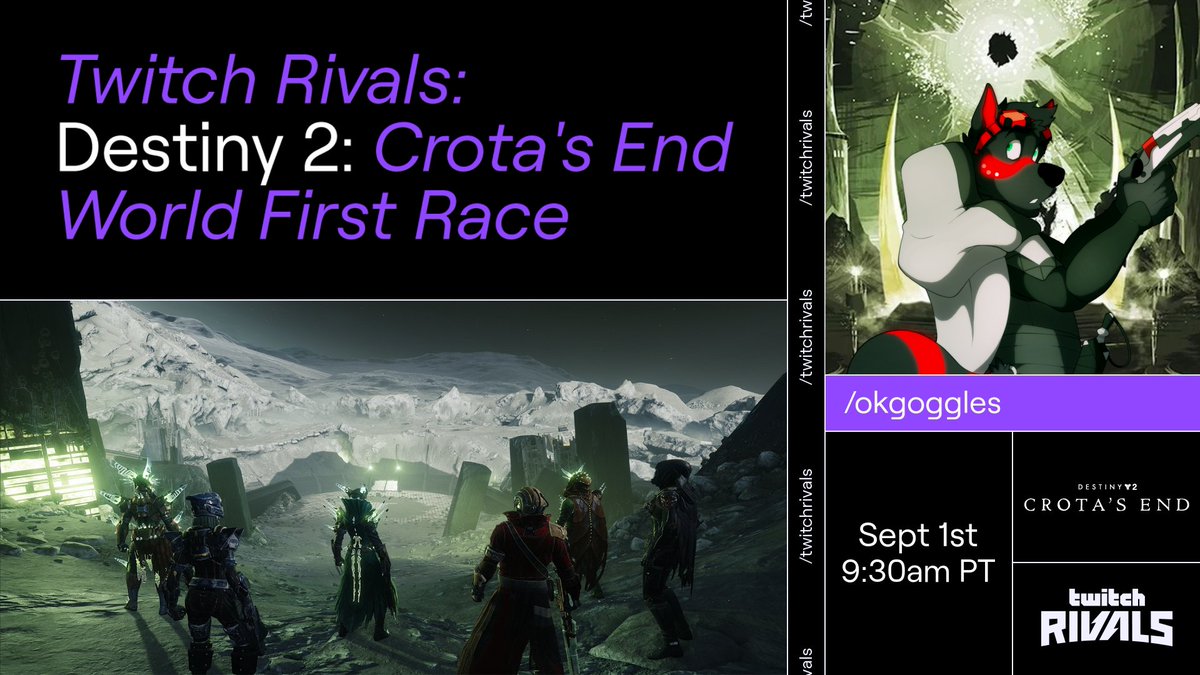 Goggsyy's tweet image. This Friday @ 10AM PDT/1PM EST/ 6PM BST

Deep in the Hellmouth, we shall show Crota his end. 

..don't miss it!  Get your exclusive emblem drop by Tuning in for at least 2 hours  at twitch.tv/okgoggles

Eyes up, Guardians!
#CrotasEnd #RaidRace