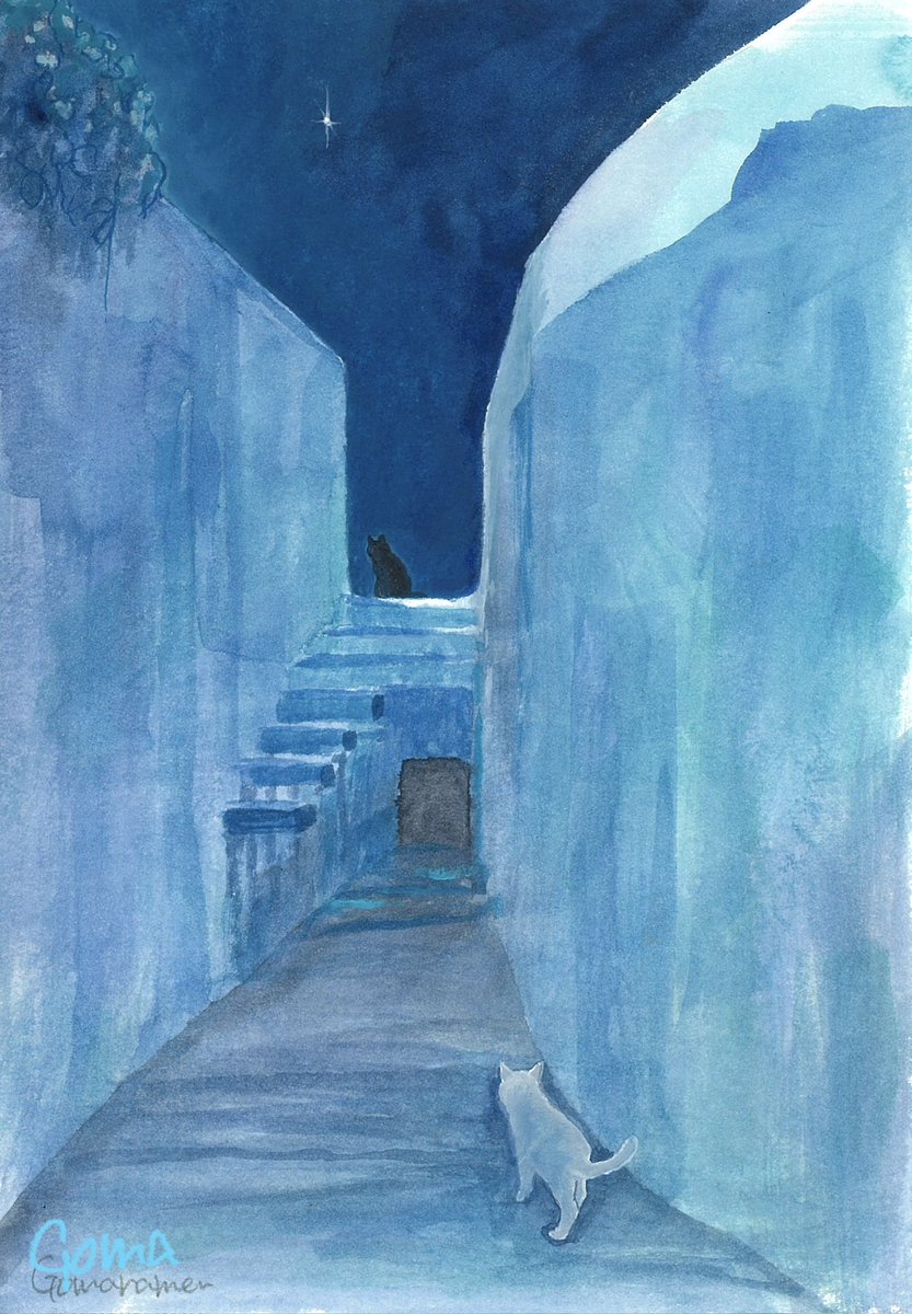 stairs cat no humans traditional media night signature scenery  illustration images