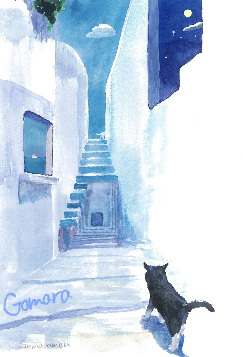 stairs cat no humans traditional media night signature scenery  illustration images