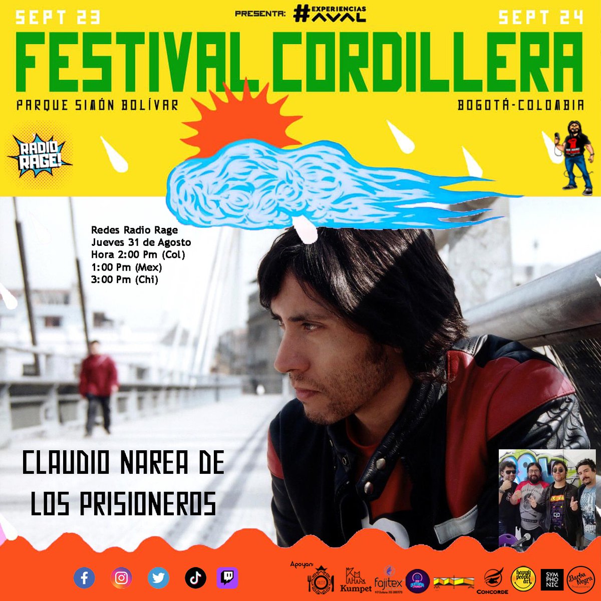 Henryragemusic's tweet photo. Mañana hablaremos con @claudionarea de @PPrisionero una de las bandas más importantes de toda latinoamérica, y de lo que viene para Colombia en el festival @CordilleraFest 23 y 24/09 Bogotá
Jueves 31 de agosto 2 pm 🇨🇴 1 pm 🇲🇽 y 3 pm 🇨🇱

By @paramo_presenta @OcesaColombia https://t.co/ix7foKm25C