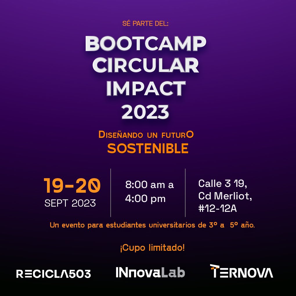 Bootcamp CIRCULAR IMPACT 2023 ♻️

💥Un evento de triple impacto que busca integrar a diferentes estudiantes universitarios, para generar ideas y soluciones innovadoras referentes a la gestión de residuos del país.🌿🌎
¡Inscríbete ya! En el siguiente Link:

forms.office.com/r/y9fVEuWsWd