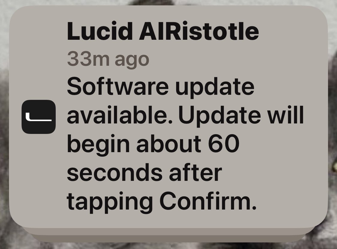 Tesla2Lucid's tweet photo. Here’s something new for the Lucid Air: the app now gives you a notification for OTA, that you can simply tap and go! Kudos to the Lucid engineers!

PS: 2.1.18 improved FSD, oops, I mean, highway assist; actually less ping pong in lane 👍. Also, when the cockpit right shows the music 🎶 app and you either get a phone call or a navigation pop up, it immediately returns back to the music app and starts playing again. 💗