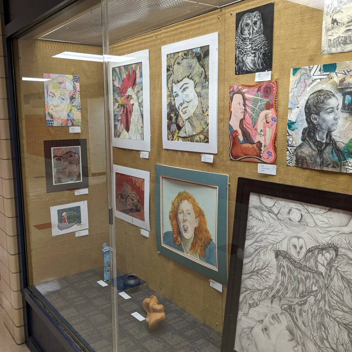 arttchr_Bert's tweet photo. Teacher Takeover again. Stop by the art department display case on the first floor to see teachers' artwork before student work starts to replace it. #staytru https://t.co/RdYKH236Rm