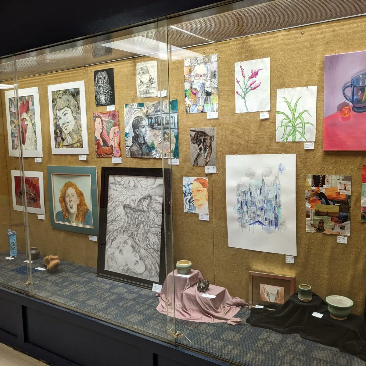 arttchr_Bert's tweet photo. Teacher Takeover again. Stop by the art department display case on the first floor to see teachers' artwork before student work starts to replace it. #staytru https://t.co/RdYKH236Rm