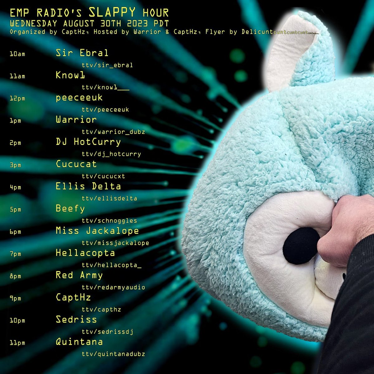 djjackalope's tweet photo. Hi everyone! My Internet is bjorked so I'm taking a raincheck for next Slappy Hour and the awesome Honey V is gonna take my place at 6pm. Likely on https://t.co/lTTXc2sh5e 's channel. Lots still going on the #emp #slappyhour today! #defcon https://t.co/wUUhEph4Xs