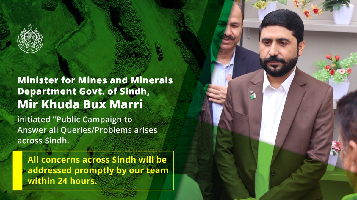 Mir_Khuda_Bux's tweet photo. Minister for Mines &amp; Minerals Department Govt. of Sindh

Mir Khuda Bux Marri initiated " Public Campaign to Answer all Queries/Problems arises across Sindh.
All concerns across Sindh will be addressed promptly by our team within 24 hours. https://t.co/IDeI8qRgug