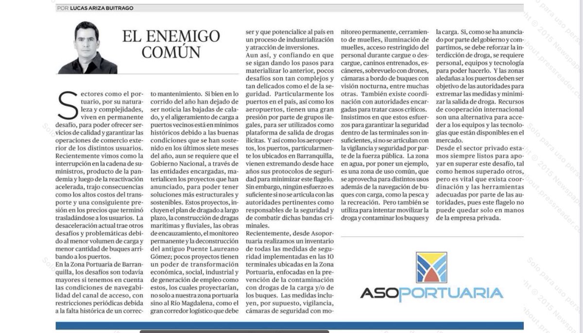 asoportuaria's tweet photo. “Pocos desafíos de los que afronta el sector, son tan complejos y tan delicados como el de la seguridad. Los puertos en el país, tienen una gran presión por parte de grupos ilegales, para ser utilizados como plataforma de salida de drogas ilícitas.” Columna en @elheraldoco https://t.co/hzBphJEkAY