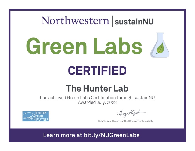 The Hunter Lab is proud to announce that we're officially certified as a Green Lab through @sustainNU!

#GreenLabs #Sustainability 🥳🍾🌱♻️