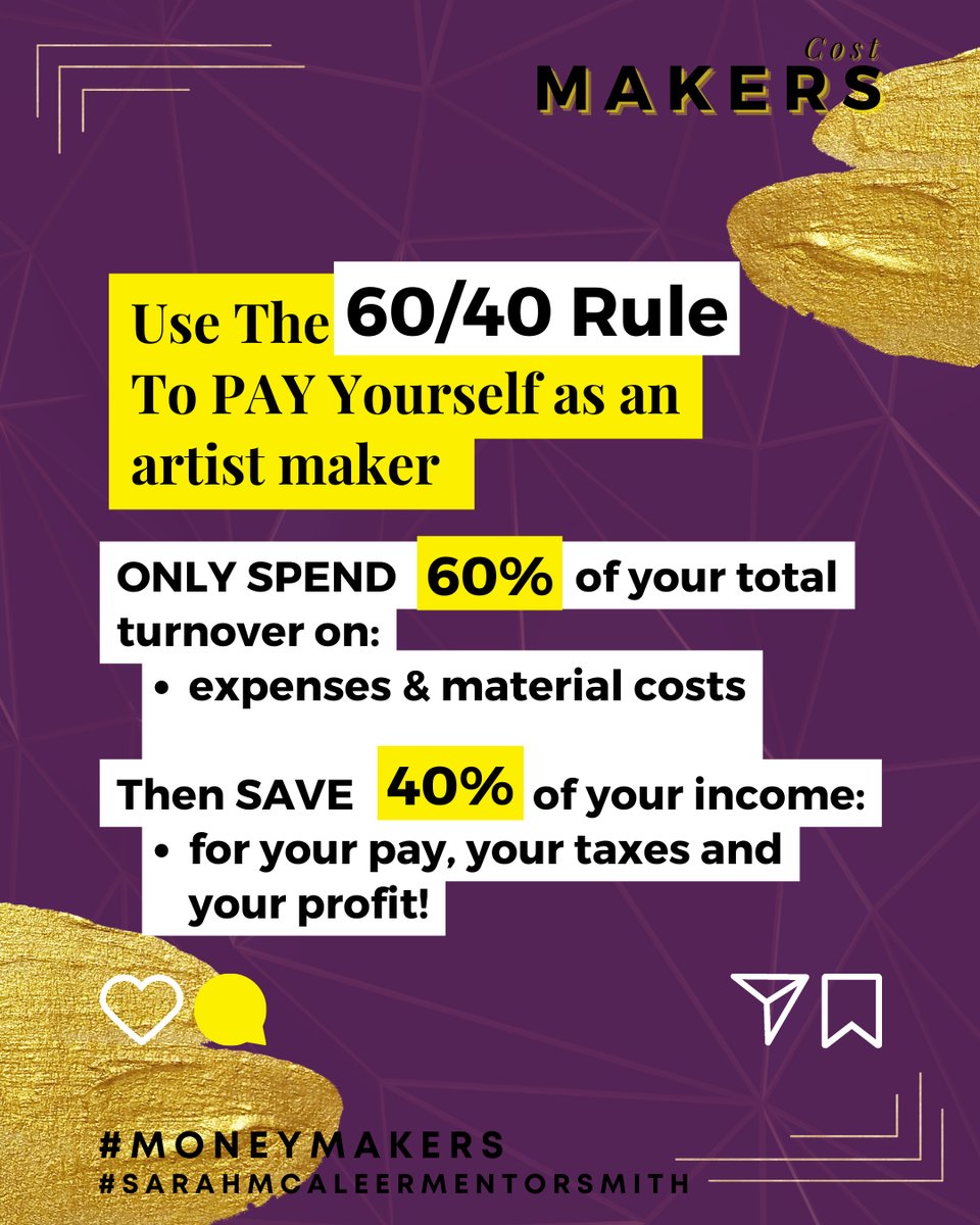 SMMentorsmith's tweet photo. Ahhhh the last day of the month - where did this month go? 

As we’ve been talking ALL about the costs and costings in our business this month - here’s the quick version of my 60/40 rule for working out how to PAY yourself as an artist maker as well as making your business mo https://t.co/WsJUbrGH9z