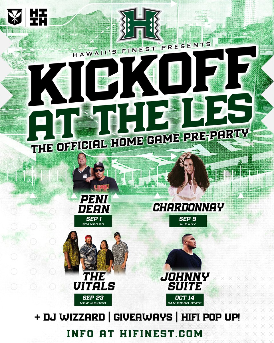 HawaiiAthletics's tweet photo. Excited to announce for the entire 2023 football season Hawaii’s Finest presents “Kickoff at the Les”!! Gates open at 3pm on Friday!! #GoBows #HiFinest #BRADDAHHOOD https://t.co/DH65fraQ5k