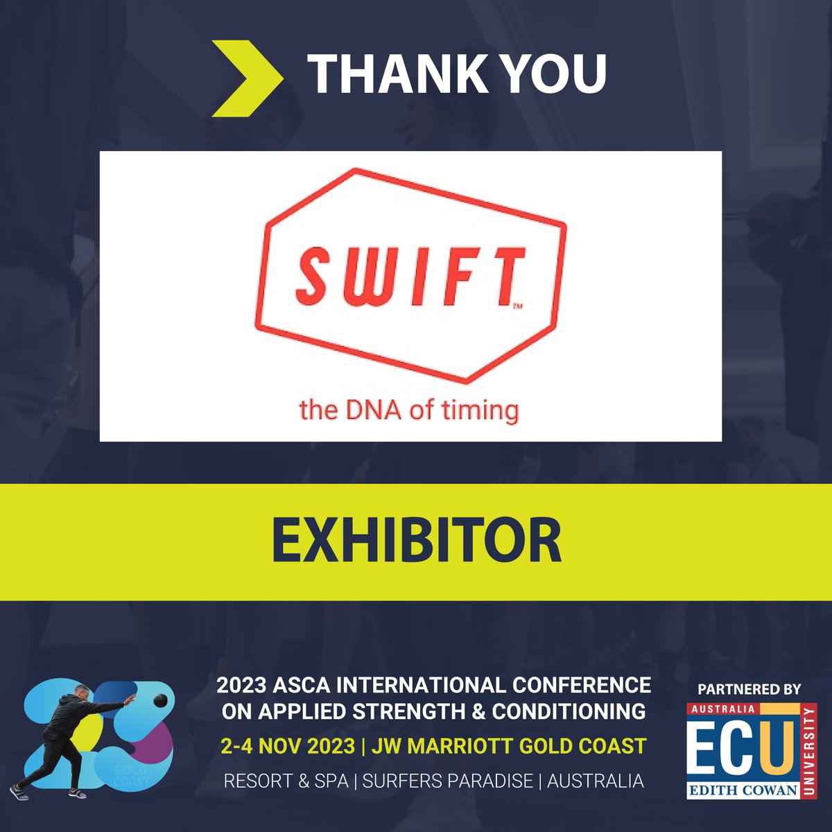 EXHIBITOR at the 2023 #asca_conf partnered by ECU 🌟@GetWithSwift🌟 The DNA of timing 🔗strengthandconditioning.org/international-…