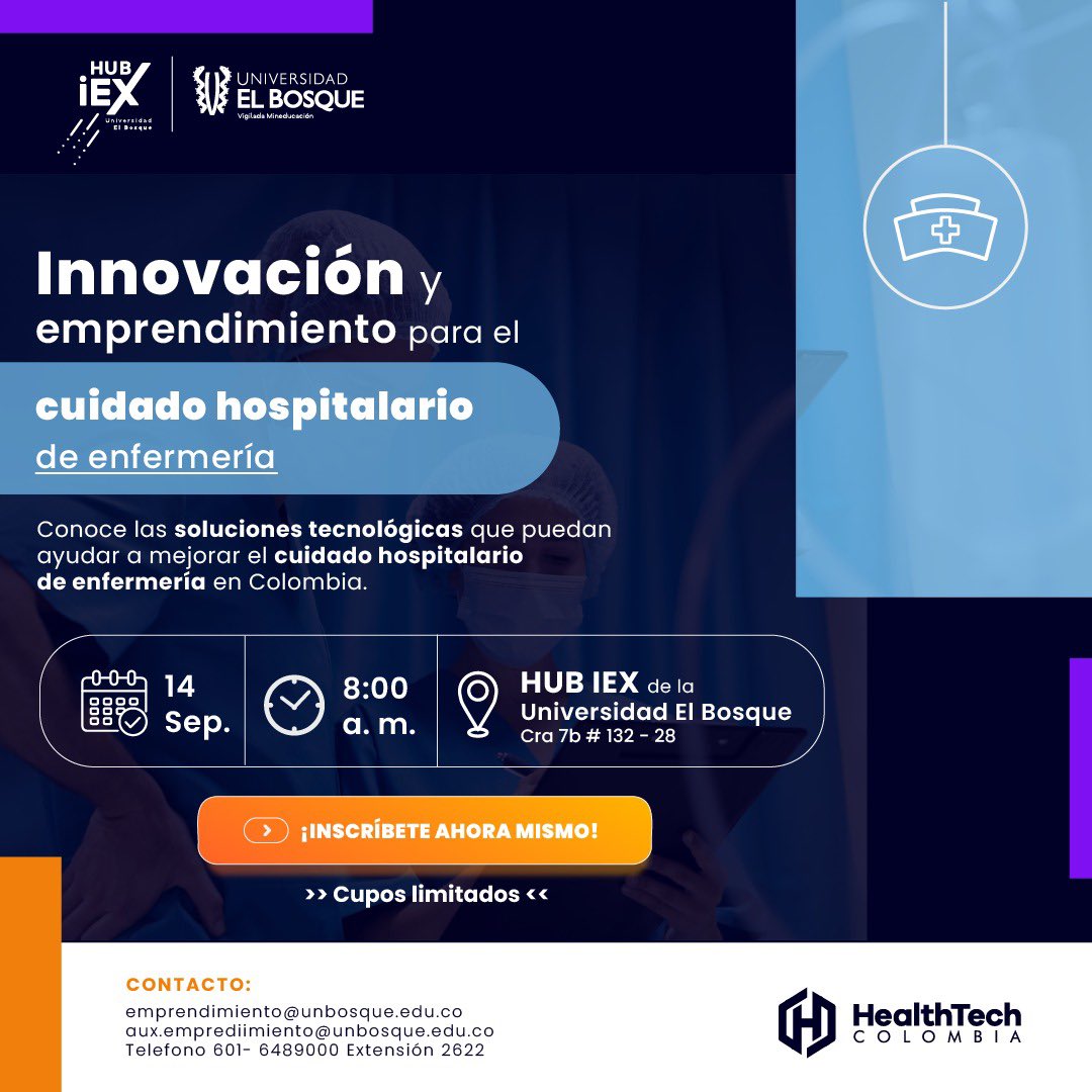 ¡Emocionados por la jornada de innovación y emprendimiento en el cuidado hospitalario de Enfermería organizada por <a href="/HUB_IEX/">HUB-iEX</a> y <a href="/EnfermeriaUEB/">Facultad de Enfermería UEB</a> ! 🏥💡🚀 Únete el 14 de septiembre para explorar ideas que revolucionarán la atención en salud. #InnovaciónHospitalaria #Emprendimiento