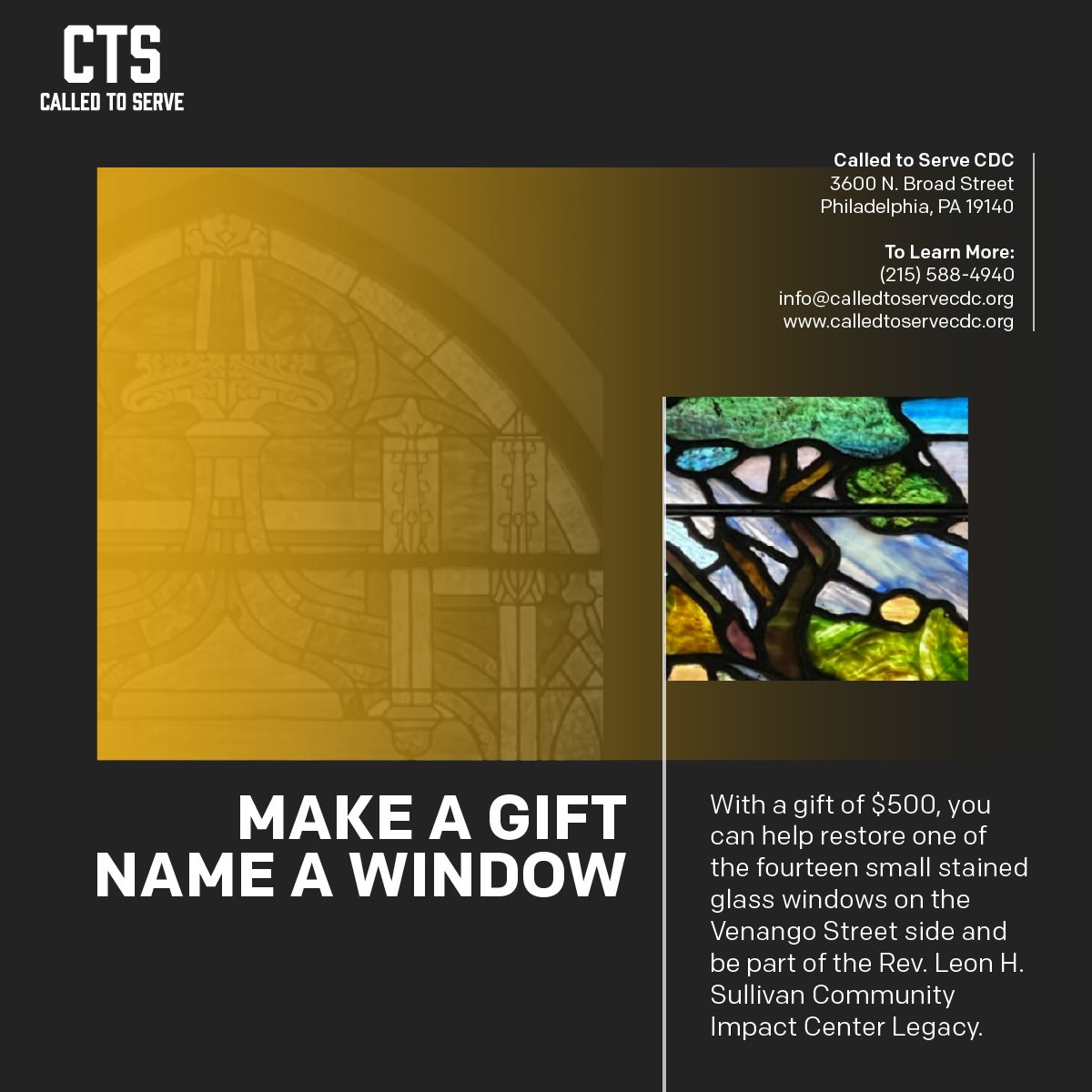 Make a Gift and Name a Window! With a gift of $500, you can help restore one of the fourteen small stained glass windows on the Venango Street side and be part of the Rev. Leon H. Sullivan Community Impact Center Legacy. Donate: secure.lglforms.com/form_engine/s/…