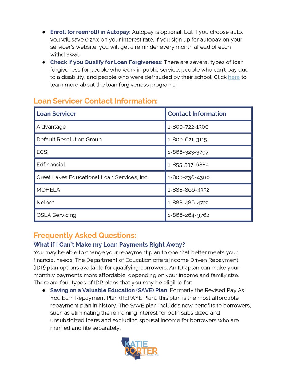 TeamKatiePorter's tweet photo. PSA: Student loan interest will resume on Sept. 1, and payments for many borrowers will be due in October.

As the Supreme Court put loan forgiveness out of reach for many Americans, my office put together this resource guide, including possible avenues to lower payments. https://t.co/GVYoBhEmZT
