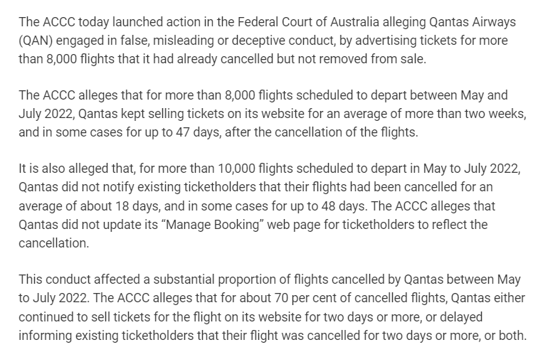 CaseyBriggs's tweet photo. The ACCC alleges that Qantas engaged in false, misleading or deceptive conduct by continuing to sell tickets for flights weeks after it had cancelled them. https://t.co/DkTqpSFCZI https://t.co/yVMWcOI73b