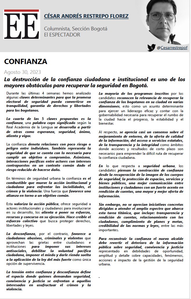 Cesarestrepof's tweet photo. 🔍¿Cuánto influye la falta de confianza en la construcción de seguridad?

🫂¿Cómo se puede recuperar la confianza de los bogotanos?

🫵¿Las promesas de seguridad para @Bogota apuestan a construir confianza?

🚩🚩🚩CONFIANZA https://t.co/3kr2NxnRmB https://t.co/k8aldzVrh2