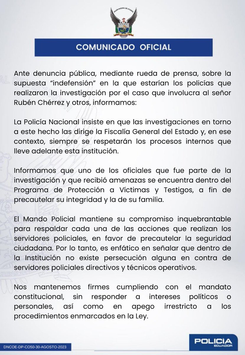 PoliciaEcuador's tweet photo. 𝐂𝐎𝐌𝐔𝐍𝐈𝐂𝐀𝐃𝐎 || https://t.co/rkFTj2PLn3