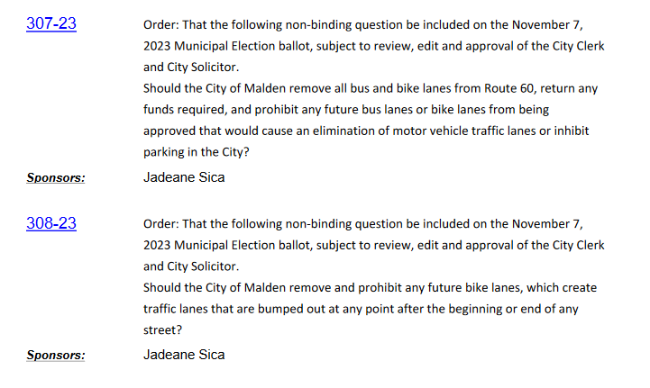 nofunfinn's tweet photo. 🚨In her latest scheme to embarrass herself and the city of Malden, city councilor @jbjs24 is sponsoring 2 nonbinding ballot resolutions, on the agenda for next week's council hearing, which call for removing &amp; banning bus lanes and bike lanes in the city. https://t.co/hz7fjqlghB https://t.co/jJOgqYgltx