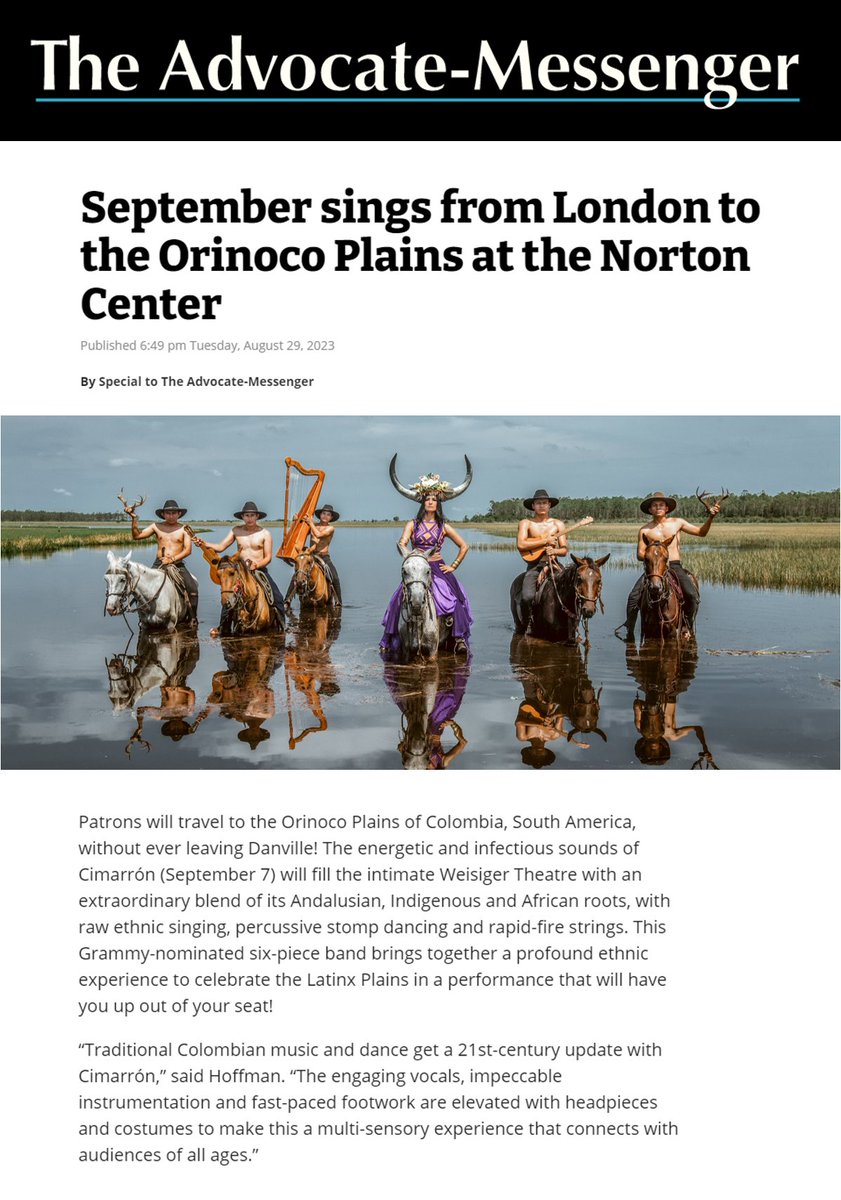 CimarronCol's tweet photo. Joropo en USA 🇺🇸Este 7 de septiembre nos presentaremos en el @NortonCenterKY de Danville, Kentucky! Por allí han pasado desde Dolly Parton hasta la Filarmónica de Viena. Hoy dice la prensa de esa ciudad: "La música y la danza se actualizan en el siglo XXI con Cimarrón". https://t.co/hJmRV34xz4