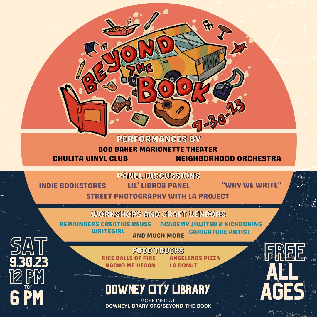 Get ready for Beyond the Book, our much-awaited annual library celebration!

🗓️ September 30th, 2023
🕛 12:00 PM - 6:00 PM
📍 Downey City Library
🎟️ FREE for all ages
For more info 🔗 downeylibrary.org/beyond-the-book
#BeyondTheBook #DowneyCityLibrary