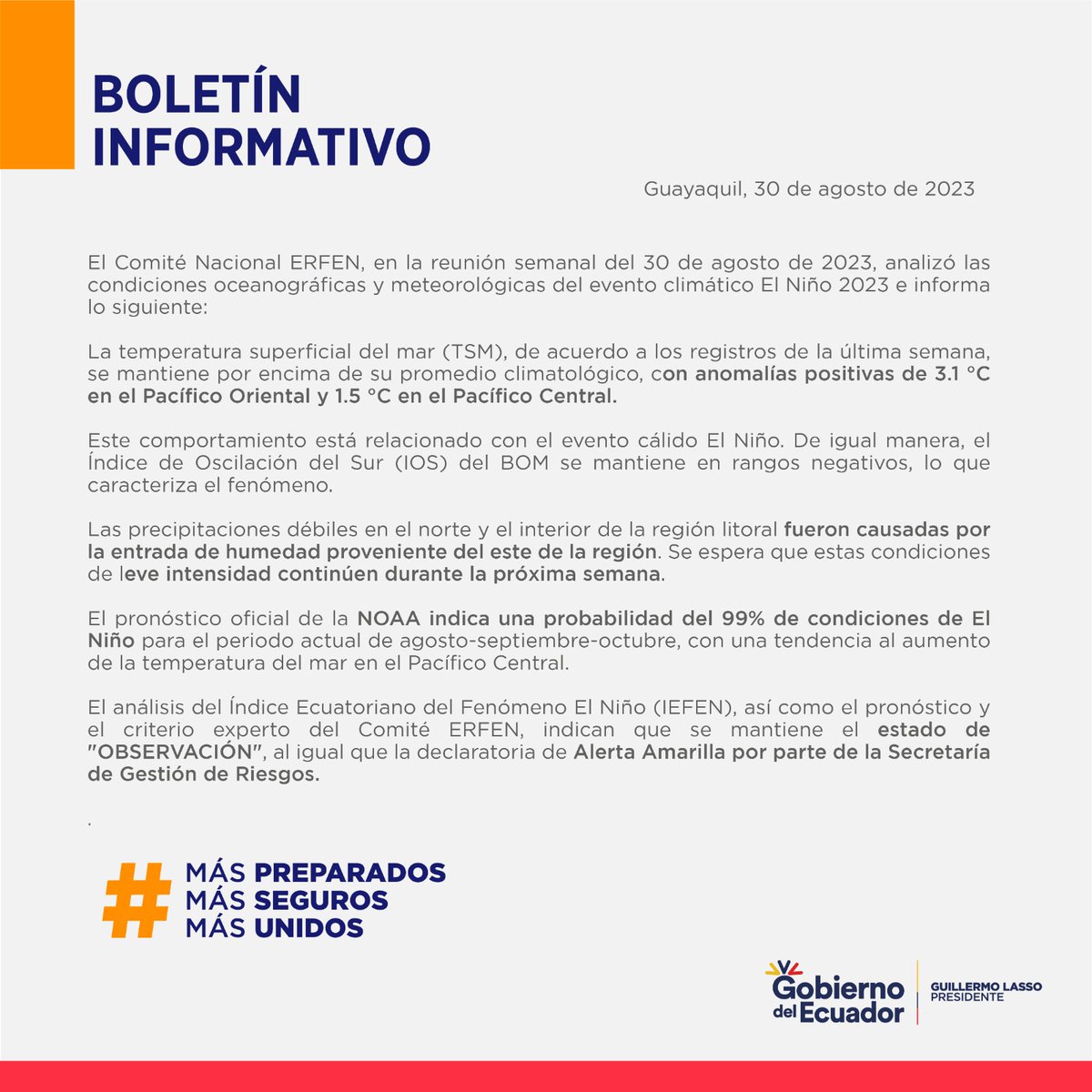 Según el Comité #Erfen, la temperatura superficial del mar se mantiene con anomalías positivas de 3.1°C en el Pacífico Oriental y 1.5°C en el Pacífico Central, por su parte el pronóstico de la #NOAA indica una probabilidad del 99% de condiciones de #ElNiño para este trimestre.