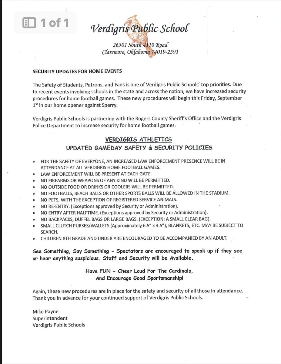 VerdigrisCards's tweet photo. Based on current events at Varsity Football Games across the state of Oklahoma, Verdigris Public Schools In cooperation with the Rogers County Sheriff's Office and the Verdigris Police Department, has updated home Football Games Policies. https://t.co/kVNcMJP3HZ