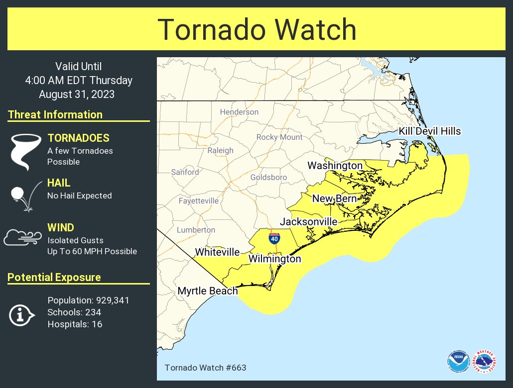 A tornado watch has been issued for parts of North Carolina until 4 AM EDT