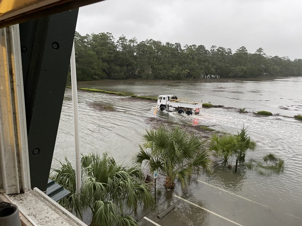 STJFD's tweet image. Significant flooding occurring around our fire station on Seabrook Island. Remember: Stay home. Do not attempt to drive through flood water.
