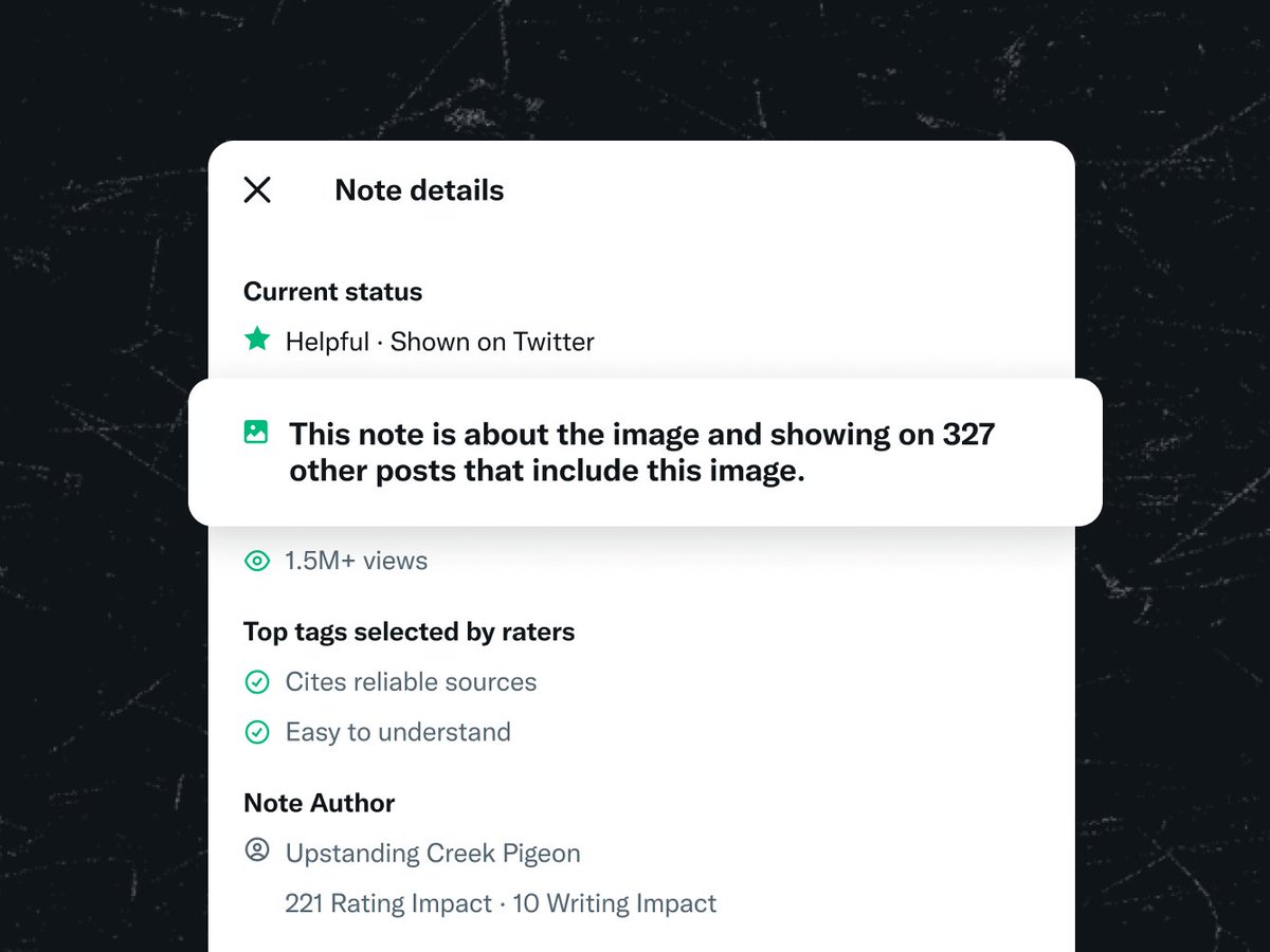 CommunityNotes's tweet image. Notes on images automatically show on posts that contain a matching image — a superpower for addressing AI-generated images, edited photos, and more. It’s common for these notes to match on dozens, hundreds and sometimes thousands of posts. Now, you can see how many posts an…