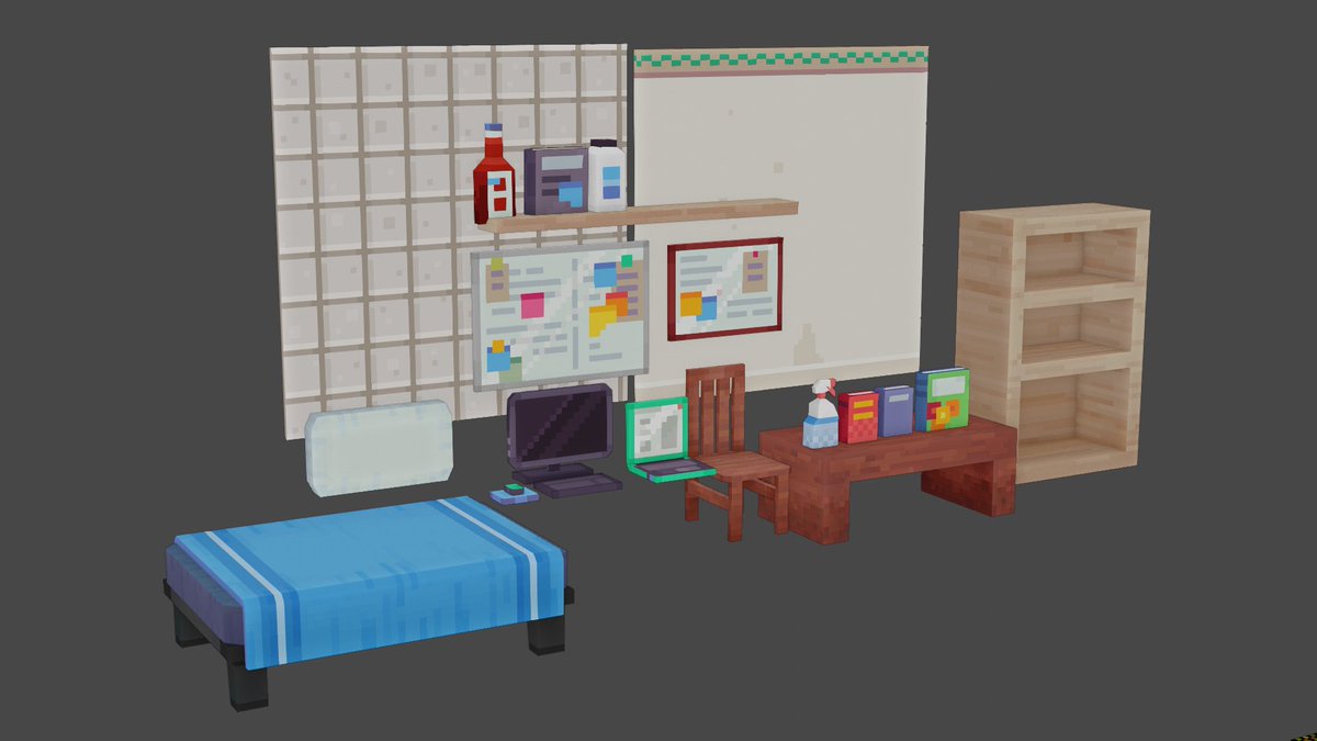 H0ndredEx's tweet photo. #Pixelart #assets I’m working on. These are #pixelperfect and #gridbased models. Hand-textured, painfully. 

The pack is based on sort of the bedroom.

Still developing. 

#blender #3d #3dprops https://t.co/VogDQkipqw
