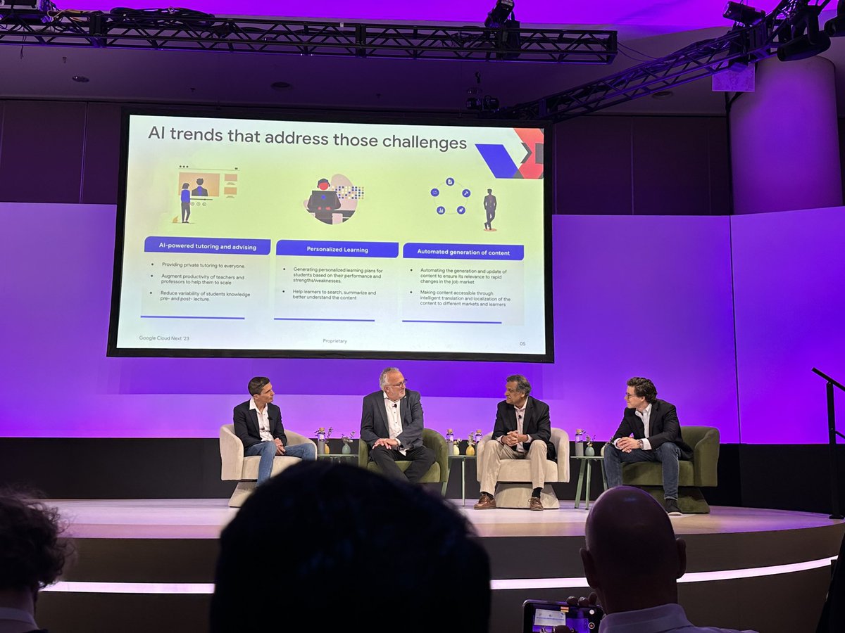 Eixarch's tweet photo. AI shall bring an improvement in learning personalization says @agarwaledu  at #GoogleCloudNext https://t.co/VxoXERO1qn
