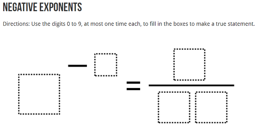 Robert Kaplinsky (@robertkaplinsky) on Twitter photo Here are two negative exponent problems from <a href="/danluevanos/">Daniel Luevanos</a> to try out with your 8th graders. See the hints and answers on <a href="/openmiddle/">Open Middle</a>:
openmiddle.com/negative-expon…
openmiddle.com/negative-expon… Here are two negative exponent problems from <a href="/danluevanos/">Daniel Luevanos</a> to try out with your 8th graders. See the hints and answers on <a href="/openmiddle/">Open Middle</a>:
openmiddle.com/negative-expon…
openmiddle.com/negative-expon…