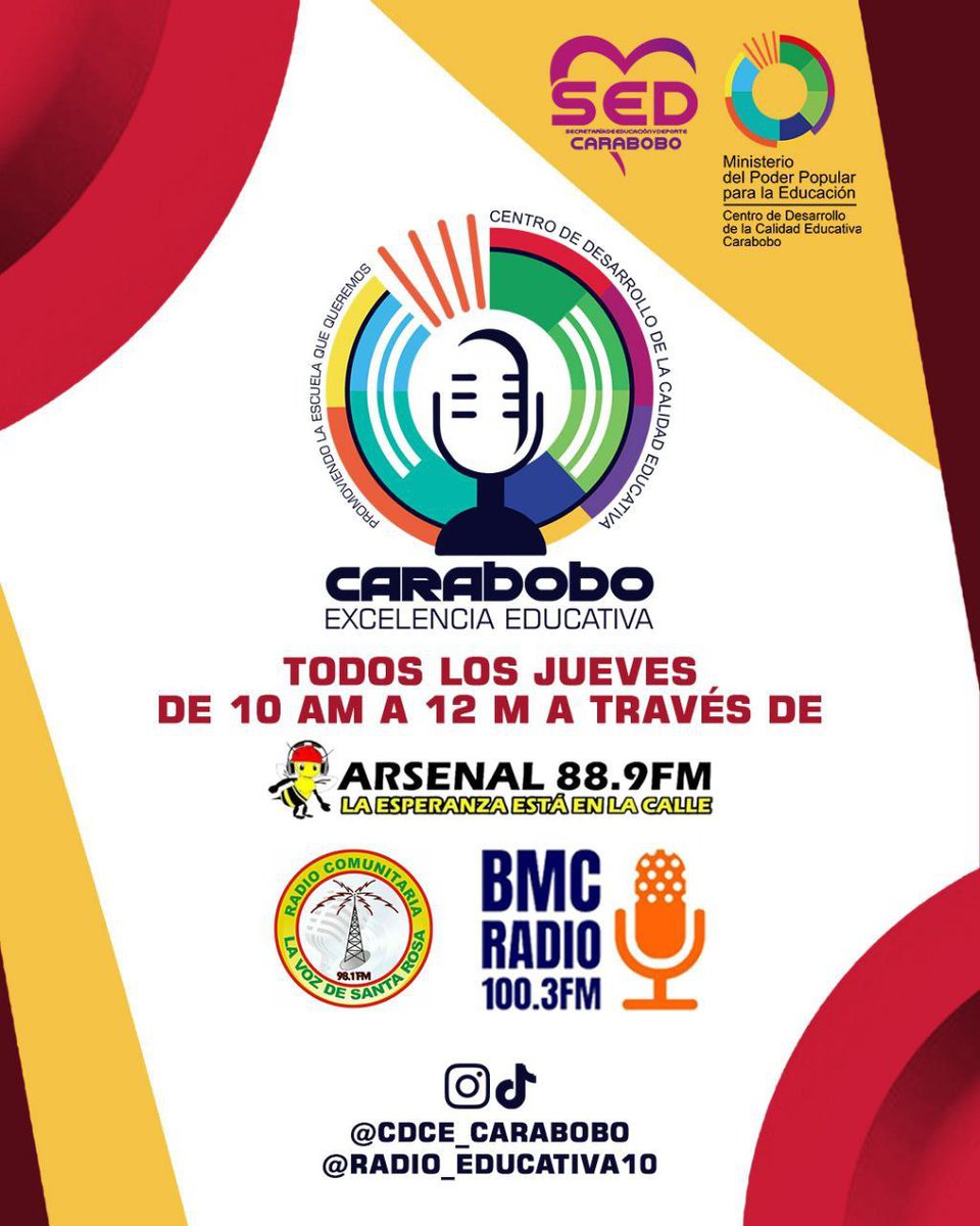 Desde el CDCE Carabobo te invitamos a sintonizar todos los jueves de 10:00am a 12 pm nuestro programa Carabobo Excelencia Educativa, promocionando la escuela que queremos por Arsenal 88.9 FM
#AhoraVenezuelaEsConTodos
#CaraboboExcelenciaEducativa
<a href="/NicolasMaduro/">Nicolás Maduro</a>
<a href="/_LaAvanzadora/">Yelitze Santaella</a>