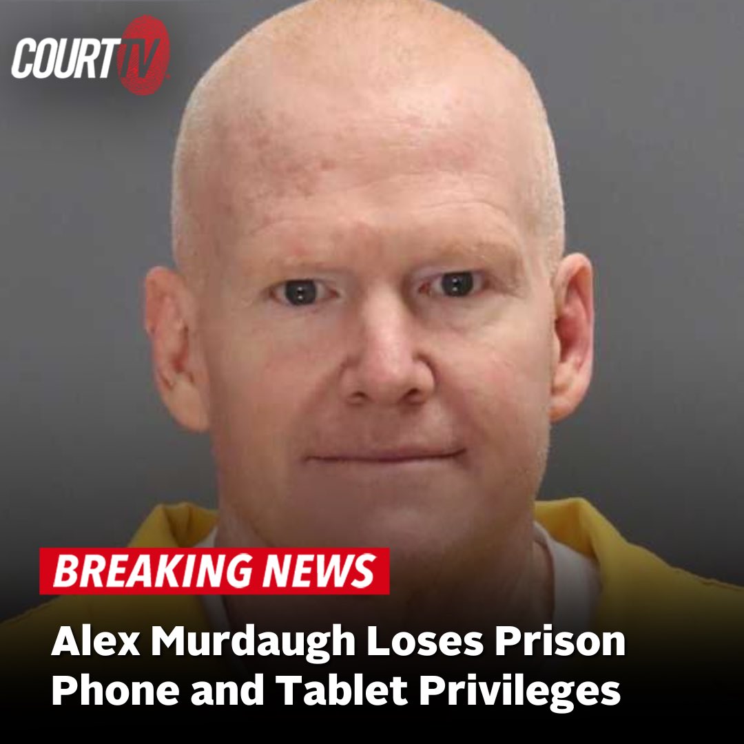 CourtTV's tweet photo. Convicted murderer #AlexMurdaugh has lost his phone and tablet privileges after his lawyer recorded him reading his journal entries on a call for a documentary about his case. Prison policy prohibits inmates from talking to the media without permission.

#CourtTV What do YOU think? ⚖️👇