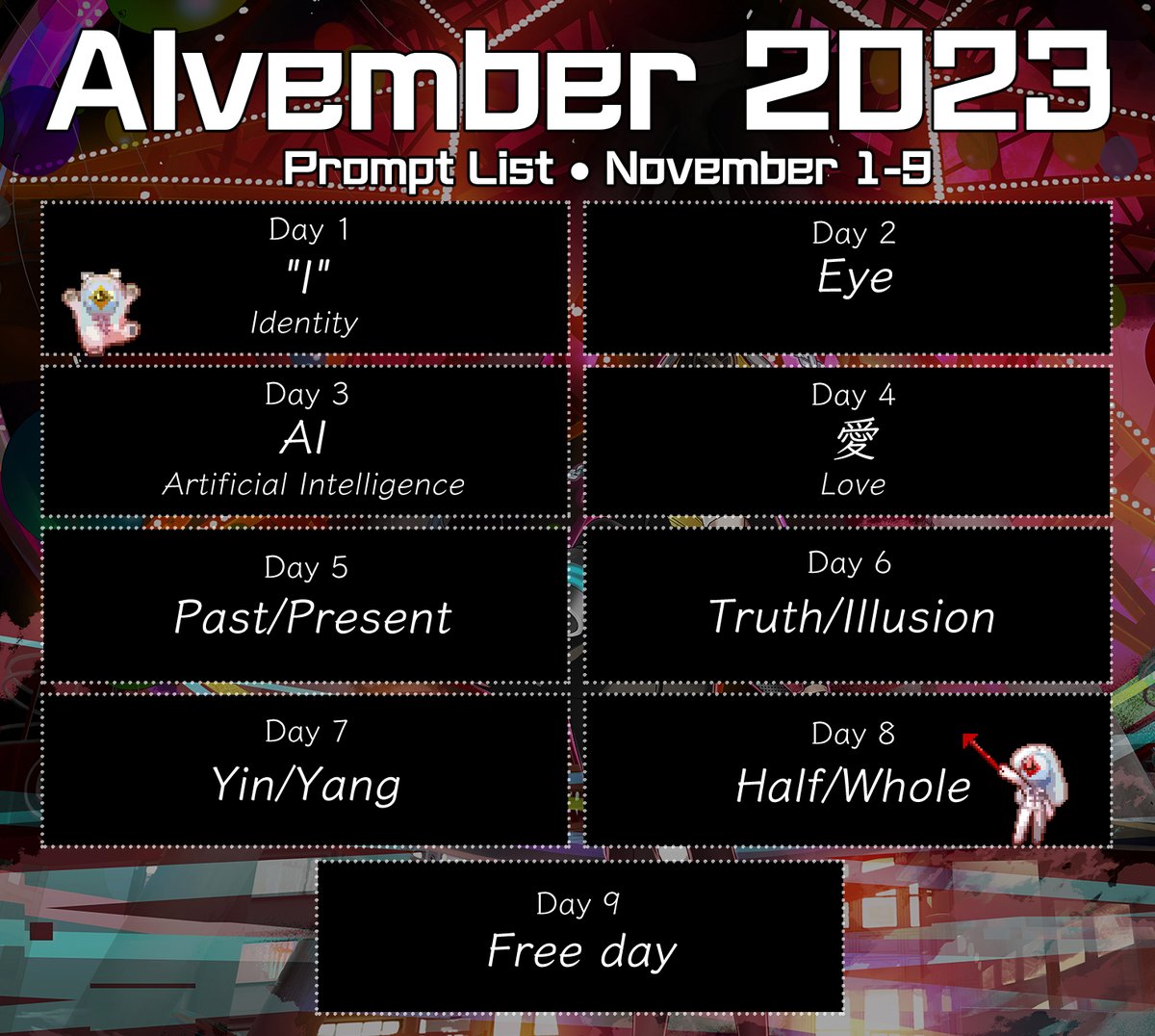 AIvember's tweet photo. This year's AIvember is only a few months away! The same prompt list is back - as always, while the first 4 prompts are inspired by AI and the next 4 by AINI, you can interpret them however you like! https://t.co/kGBH0HOiu0