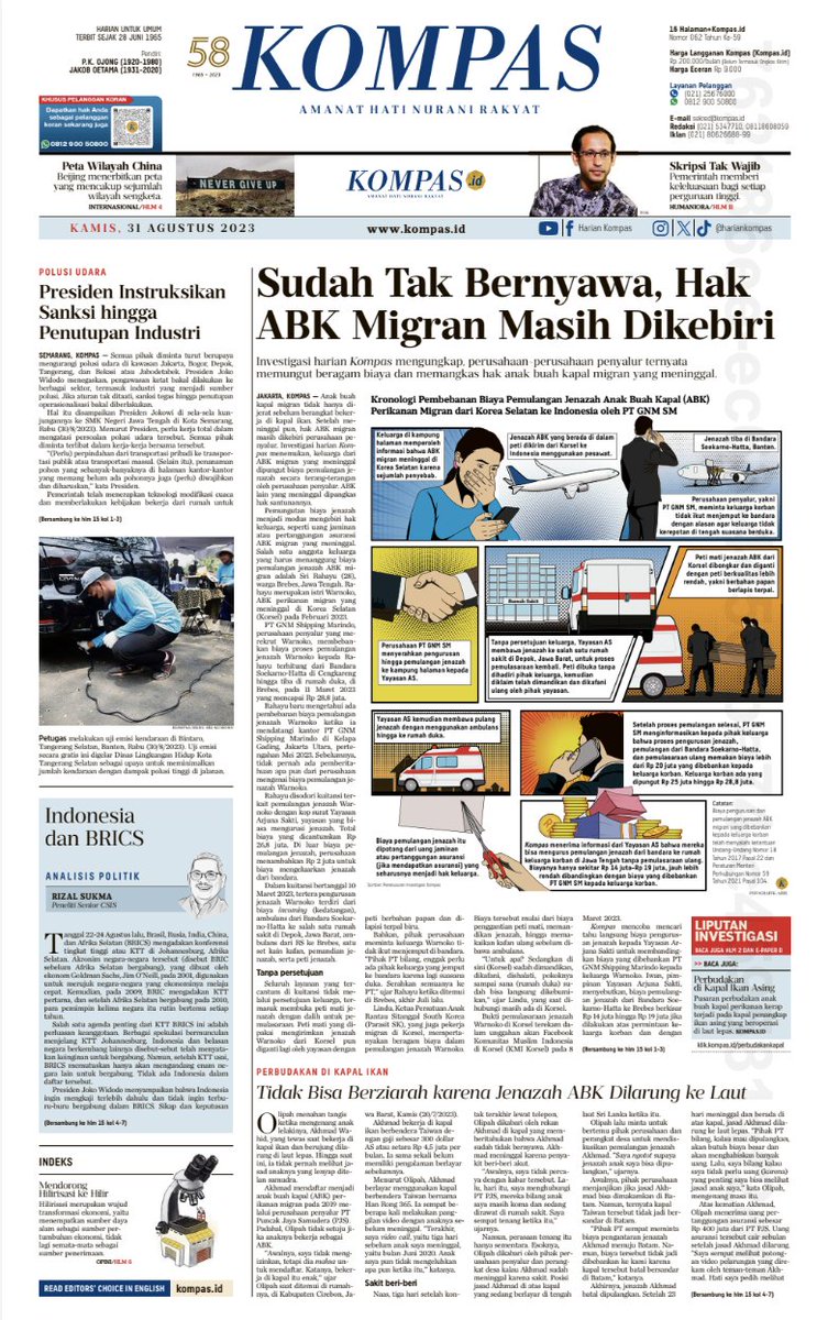 Selamat pagi Sahabat Kompas. Kami melanjutkan temuan #InvestigasiKompas tentang #ABKMigran. Perusahaan penyalur ternyata memungut beragam biaya dan memangkas hak anak buah kapal migran yang meninggal. Baca selengkapnya di harian Kompas (Kompas.id). 

#AdadiKompas