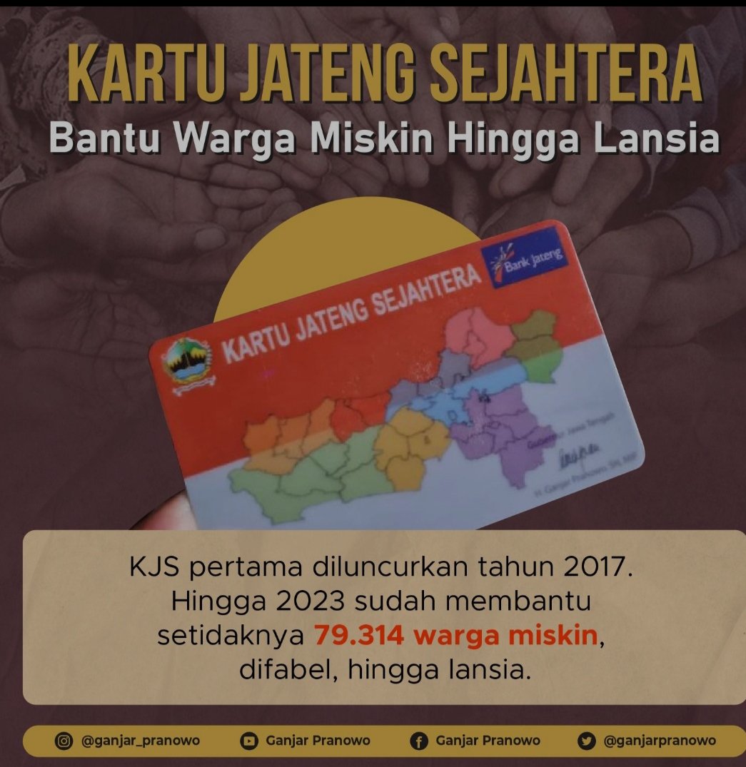 Menjemput bola, Kartu Jateng Sejahtera (KJS) diluncurkan pada 2017. hingga Agustus 2023 ini, sudah membantu lebih dari 79 ribu warga.
<a href="/ganjarpranowo/">Ganjar Pranowo</a> 

Sosok Ganjar Pranowo
#JatengSelaluDihati