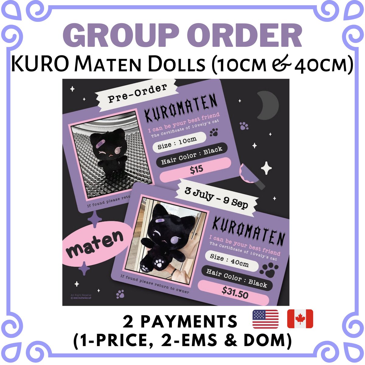 MELZPOPS's tweet photo. 🇺🇸🇨🇦 Group Order US & Canada
KURO Maten Dolls 10cm & 20cm by @mateniscat
Closing: September 8 @ 10:00 PM EST
Details & Form link: https://t.co/jSIES6ZYsP
#kuromatengo #matengo #Tenlee_1001 #NCT #TENLEE #TEN #WayV #เตนล์ https://t.co/Cfbbp0kSmG