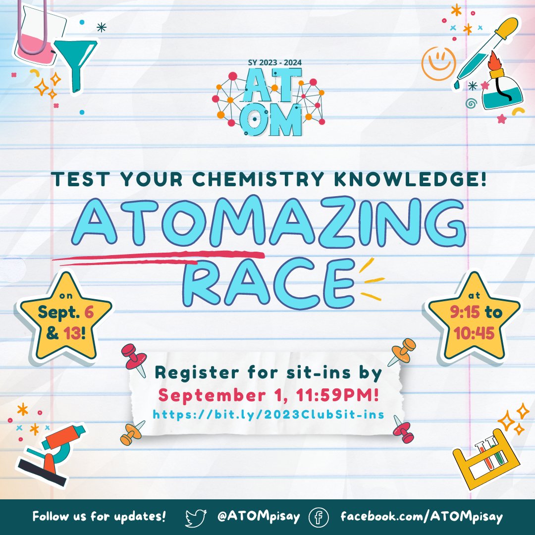ATOMpisay's tweet photo. I just wanna feel the chemistry, feel you next to me 💗 in ATOM club sit-ins! 🥳

In the incoming weeks, get to know more about ATOM in our sit-ins and test your chemistry knowledge in the ⚡️ATOMAZING RACE⚡️!

Register by September 1, 11:59PM!
📌 https://t.co/04JO4rPCO1 https://t.co/UXAGPTaVxn