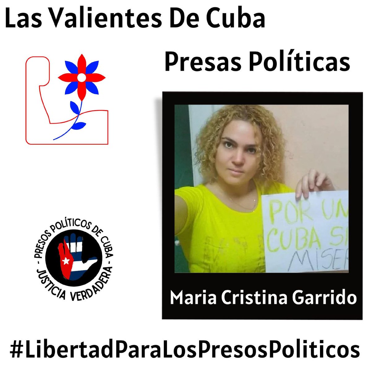 ¡Libertad para #MariaCristinaGarrido!
Cuándo un cubano valiente levanta la voz contra la Dictadura, y termina trás las rejas por eso, merece todo el respeto y apoyo del mundo.
.
.
#PresosDeCastro 
#HastaQueSeanLibres 
#LibertadParaLodPresosPoliticos