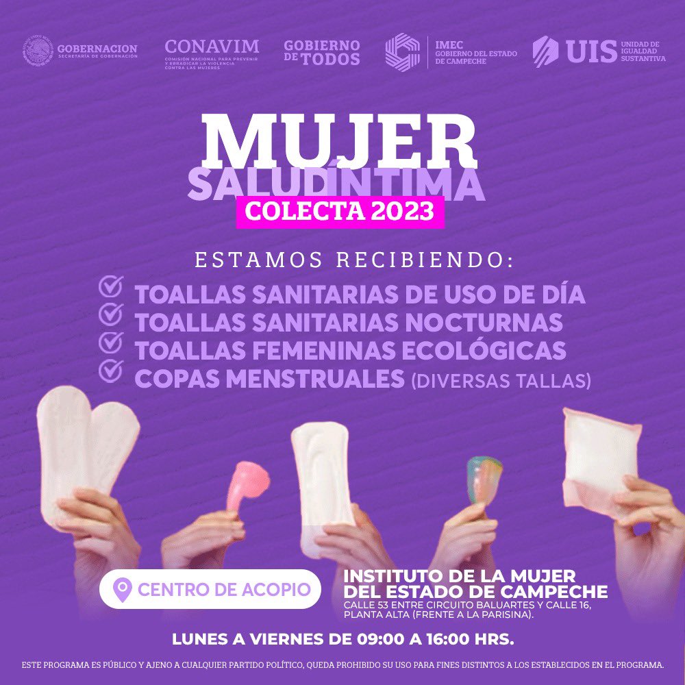 CJCampecheGob's tweet photo. Para continuar beneficiando a más mujeres con el programa #MujerSaludÍntima ya inició la #Colecta2023 de paquetes de toallas sanitarias.

📍Centro de Acopio: Oficinas del Instituto de la Mujer, de lunes a viernes de 09:00 a 04:00 pm.

@IMECMUJERES https://t.co/AhhUJVz8Yx