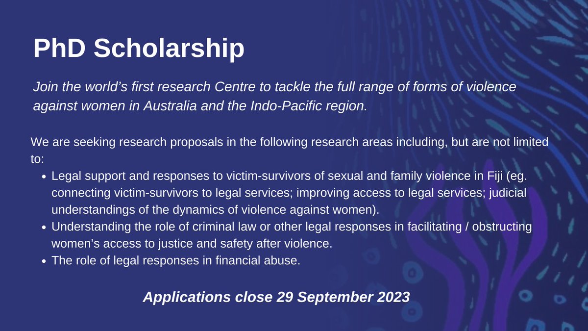 🎉New #PhD #Scholarship opportunity🎉 Hosted at @UniMelb @MelbLawSchool, join the @_CEVAW 2024 #PhD cohort & contribute to research working towards eliminating #violenceagainstwomen #VAW in #Australia & the #IndoPacific. 👉Applications are now open: findanexpert.unimelb.edu.au/opportunity/11…