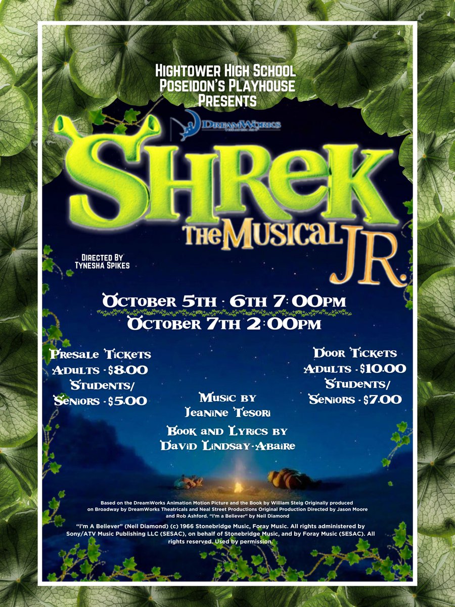 🌿AND ITS TIMEEE!!!!! Mark Those Calendars, and Set Your Reminders📣
As Hightower High School's Poseidon's Playhouse is Performing "Shrek Jr. The Musical" On These Dates As Shown On The Poster. WE CANT WAIT TO SEE YOU THERE🖤💚#hightower #hightowertheatre #troupe5864 #theatrelife