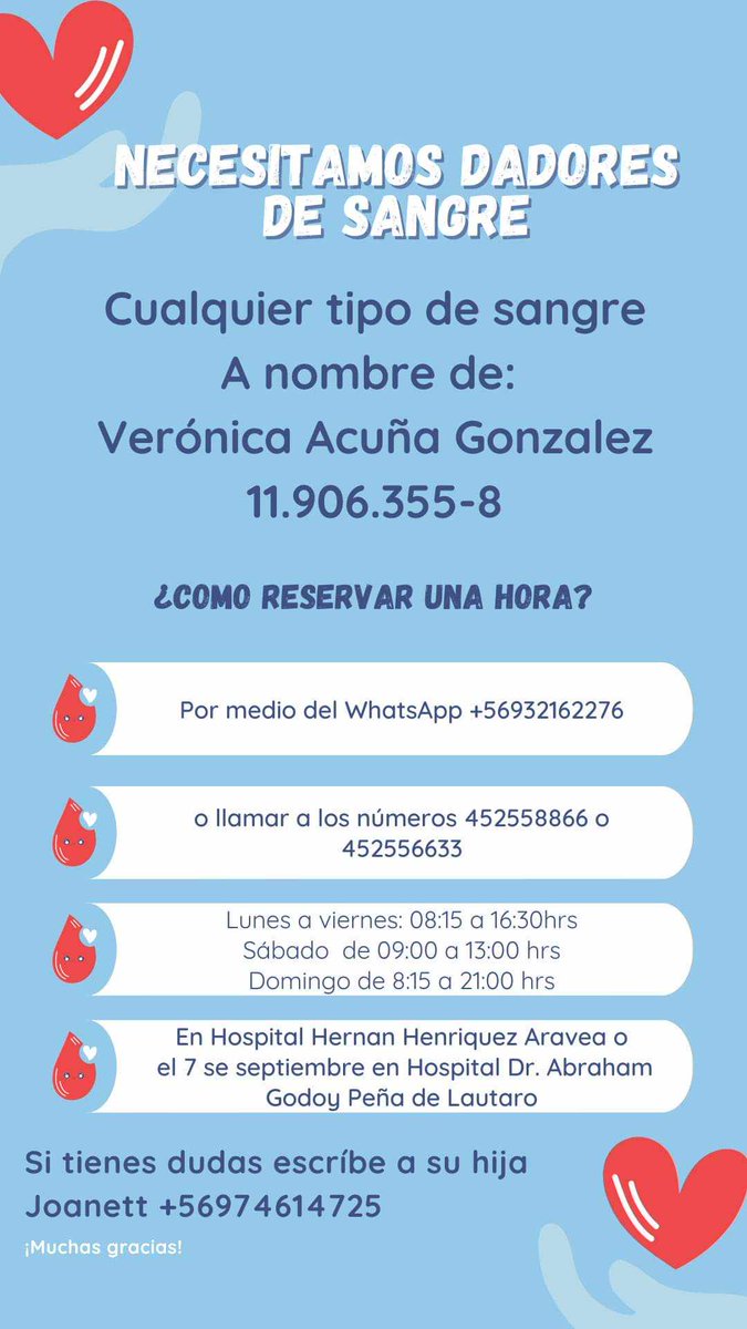 LabrinMora's tweet image. AVISO DE UTILIDAD PÚBLICA: Se necesitan  dadores de sangre  de cualquier grupo a nombre de , Verónica Acuña Gonzalez, Rut 11906.355 - 8. Dadores por favor dirigirse al @HHHATEMUCO