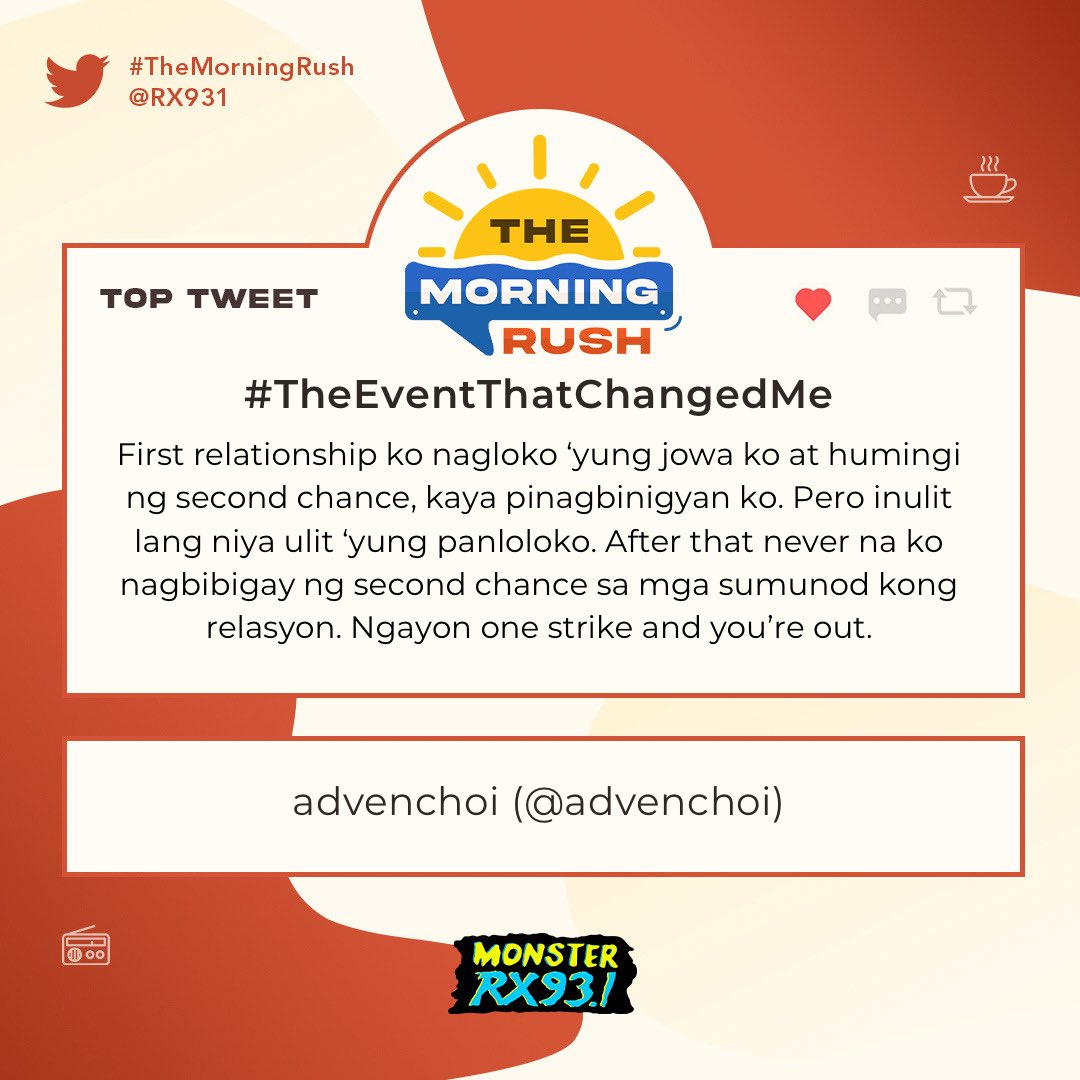 RX931's tweet photo. Top Entry: #TheEventThatChangedMe from @advenchoi #TheMorningRush https://t.co/VOgT54SnSA