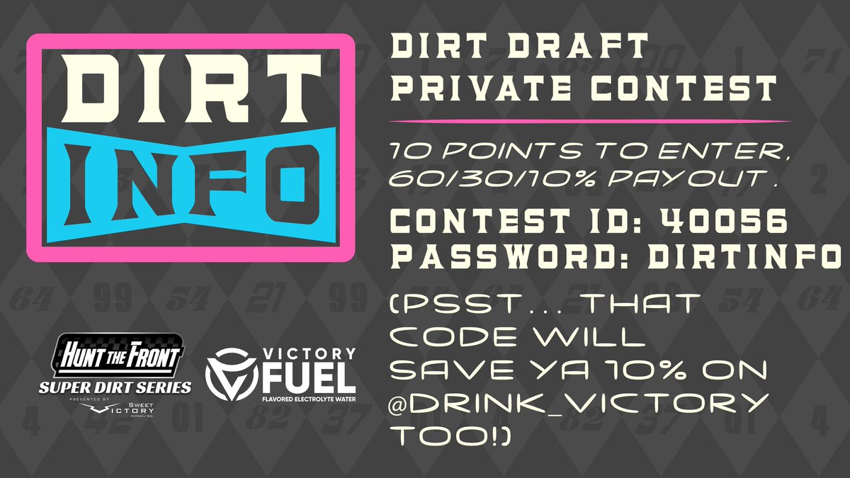 The DirtInfo team is test driving a private @DirtDraft contest this Friday for @HuntTheFrontSDS @LavoniaSpeedway. Only 150 entrants this time, if we fill'er up we'll go bigger Saturday. Deets 👇