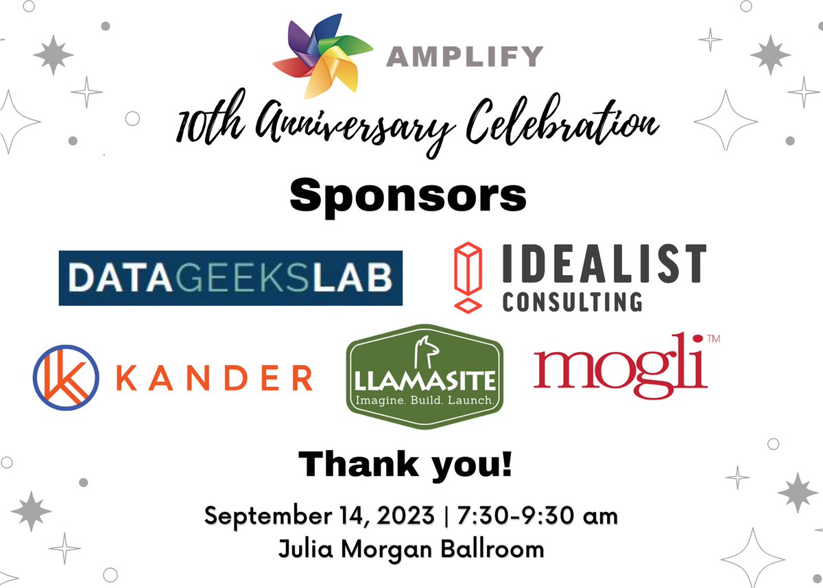 🌈Sending heartfelt gratitude to our🌟incredible sponsors🌟@avviato (makers of LlamaSite), @apsona4sfdc, Data Geeks Lab, @IdealistConsult, @KanderConsult and @mogli_tech for supporting the #WeAreAmplify 10th anniversary breakfast at #DF23 this year!